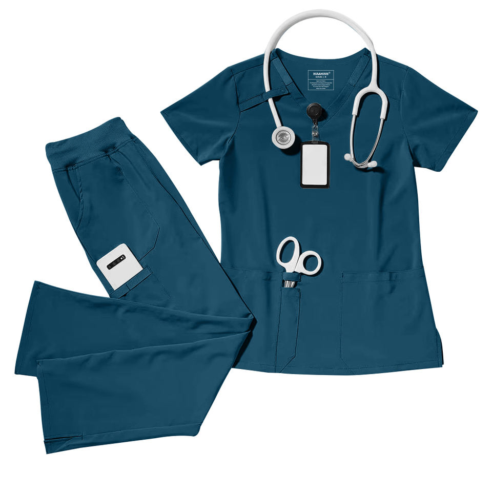 2026 Conjunto de Scrubs para Mujeres de Manga Corta en V de Tela de Elasticidad Mejorada, Spandex, Rayón y Poliéster, Uniforme Quirúrgico para Hospital