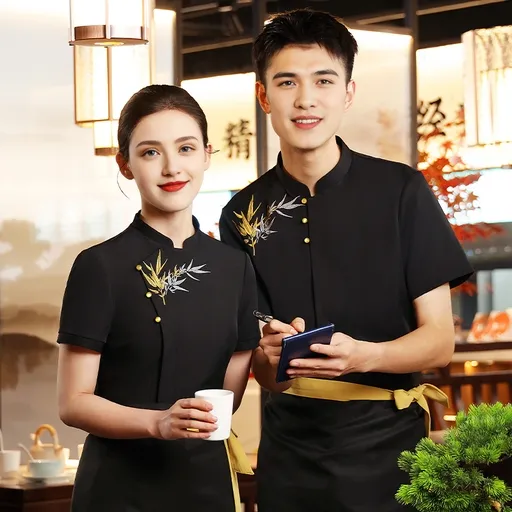 Uniforme de trabajo de manga corta transpirable con cuello mandarín para personal de restaurante chino y banquetes de hotel
