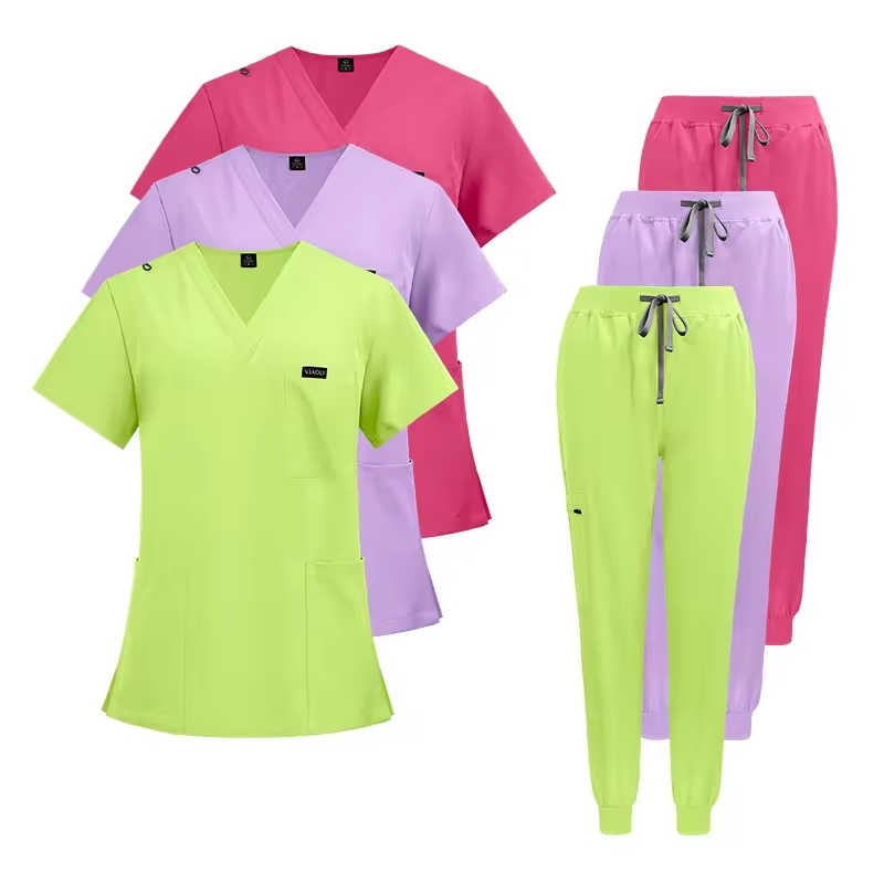 Conjunto de uniformes de scrubs elásticos con logo personalizado de fabricante, blusa de scrubs de gran tamaño para mujeres, pantalones de jogging, uniforme de trabajo médico y quirúrgico