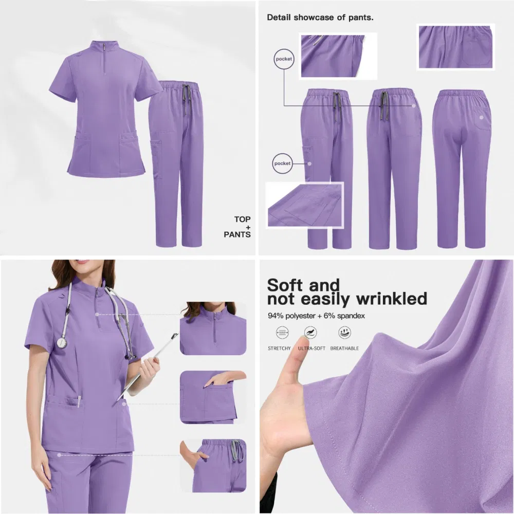 Conjunto de Top de Scrubs con Cremallera en V y Pantalones Jogger Profesionales Uniforme de Enfermería para Personal Hospitalario