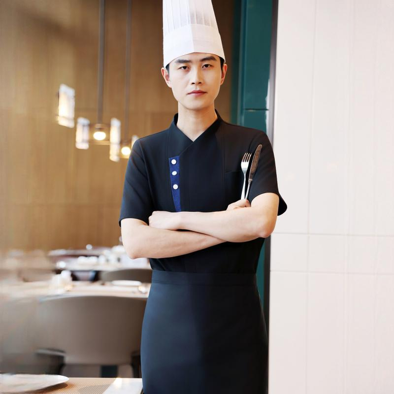 Uniforme de cocina personalizado impreso a granel para promoción de marca, abrigo de catering para unificación de uniformes en restaurantes de cadena