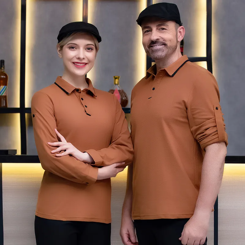 Camisa polo de manga larga personalizada al por mayor con logo, uniforme de camarero, ropa de trabajo para el personal de restaurante