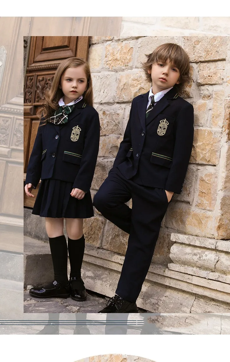 Fabricante chino de uniforme escolar para niños estilo británico, conjunto de blazer, diseño personalizado, falda, pantalones, logo bordado para escuela internacional