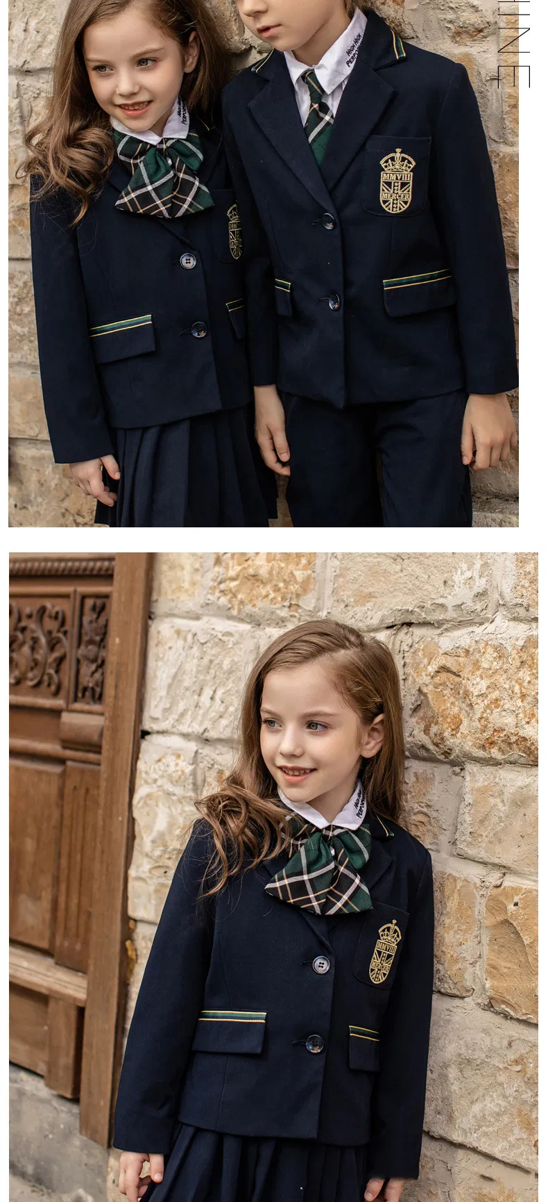 Fabricante chino de uniforme escolar para niños estilo británico, conjunto de blazer, diseño personalizado, falda, pantalones, logo bordado para escuela internacional