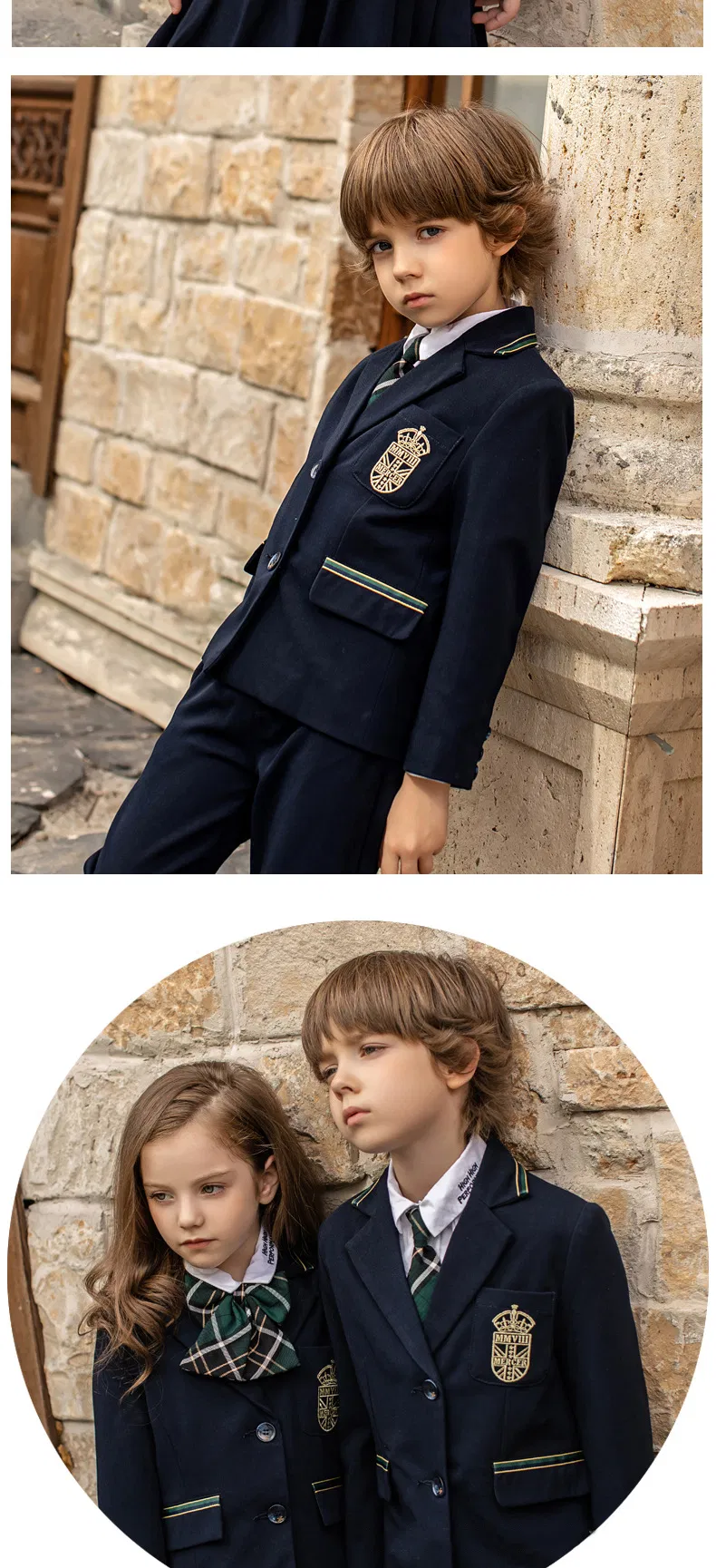 Fabricante chino de uniforme escolar para niños estilo británico, conjunto de blazer, diseño personalizado, falda, pantalones, logo bordado para escuela internacional