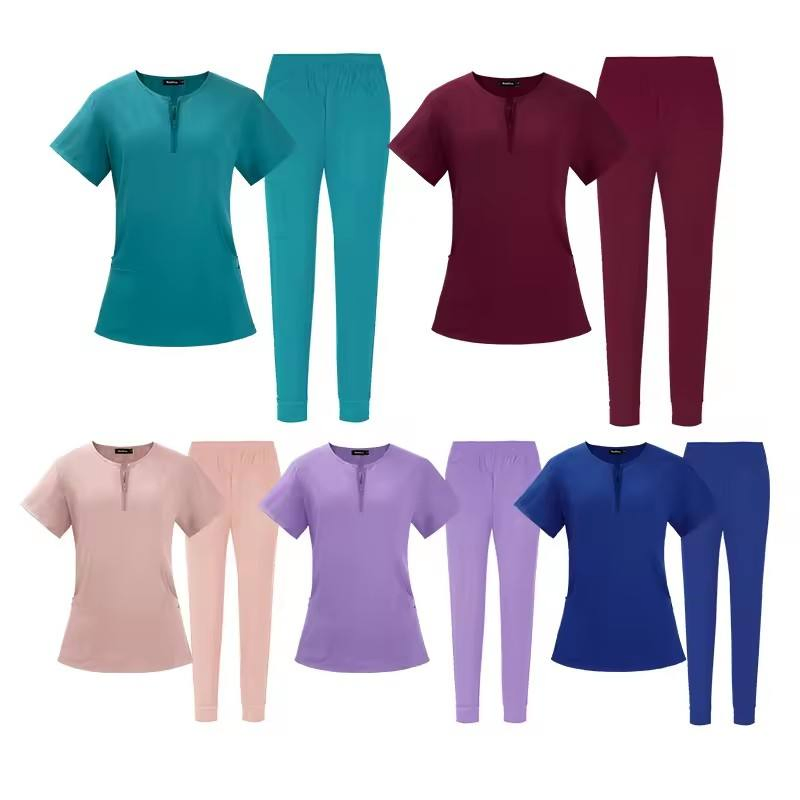 Diseño de collar con cremallera frontal Uniformes de hospital para mujeres Scrubs elásticos suaves cómodos de poliéster y spandex Conjuntos de uniformes para salón SPA