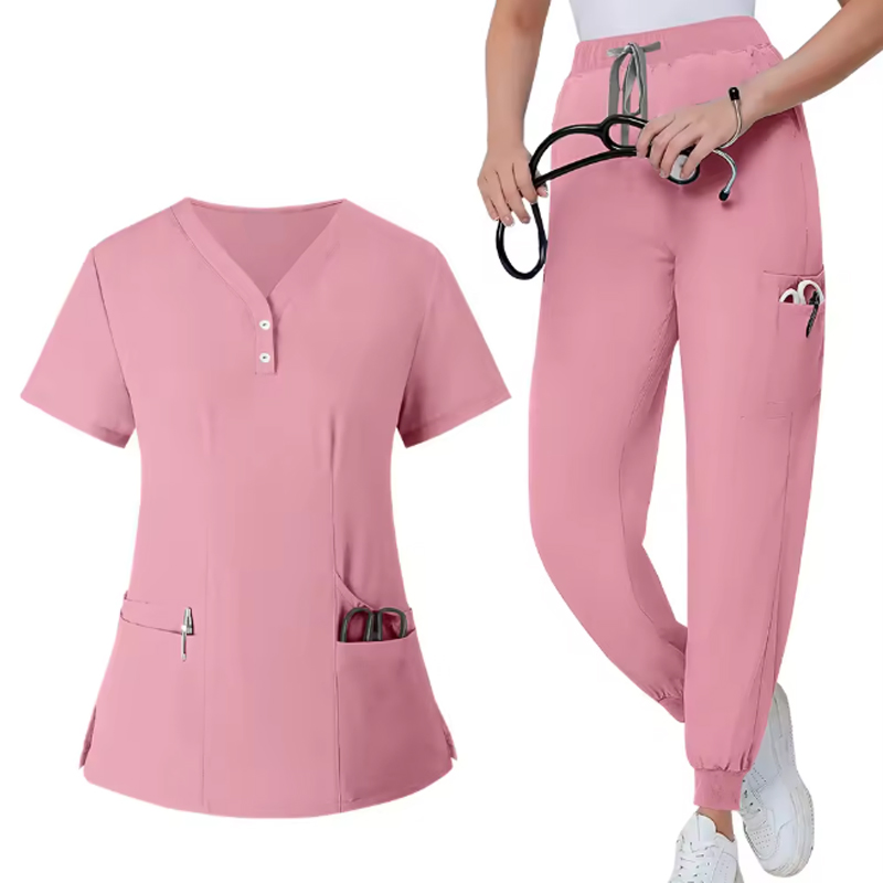 Uniformes de hospital de poliéster baratos con cuello en V y división, trajes de scrubs médicos, conjunto de uniforme de enfermera