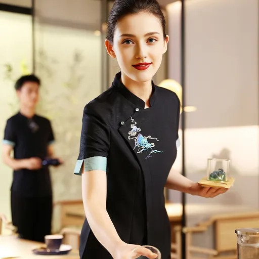 Uniforme corto de manga bordado y elegante para el personal de restaurante chino