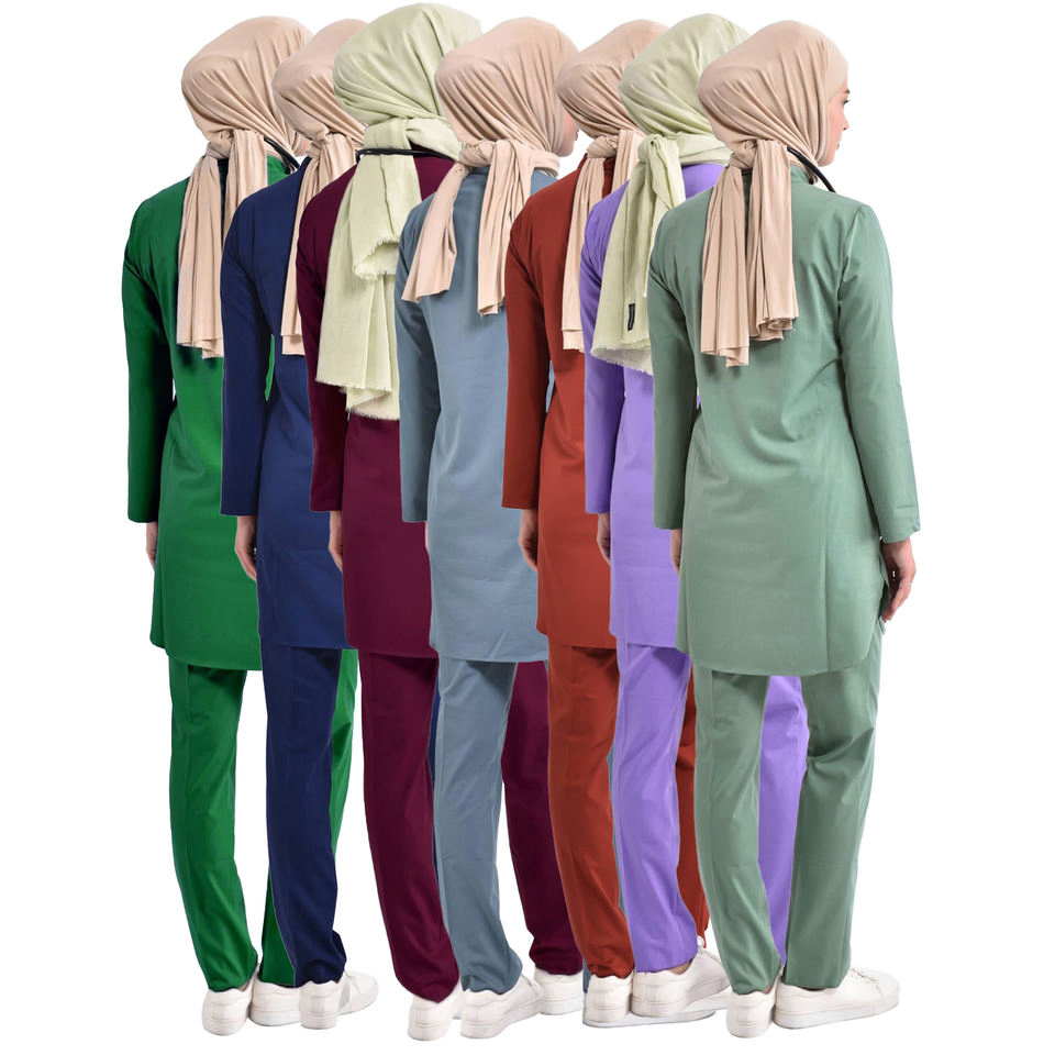 Cardigan de kimono de manga larga de poliéster liso, ropa islámica de Dubái para mujeres musulmanas 2PCS conjuntos de scrubs de abaya para uniformes de hospital