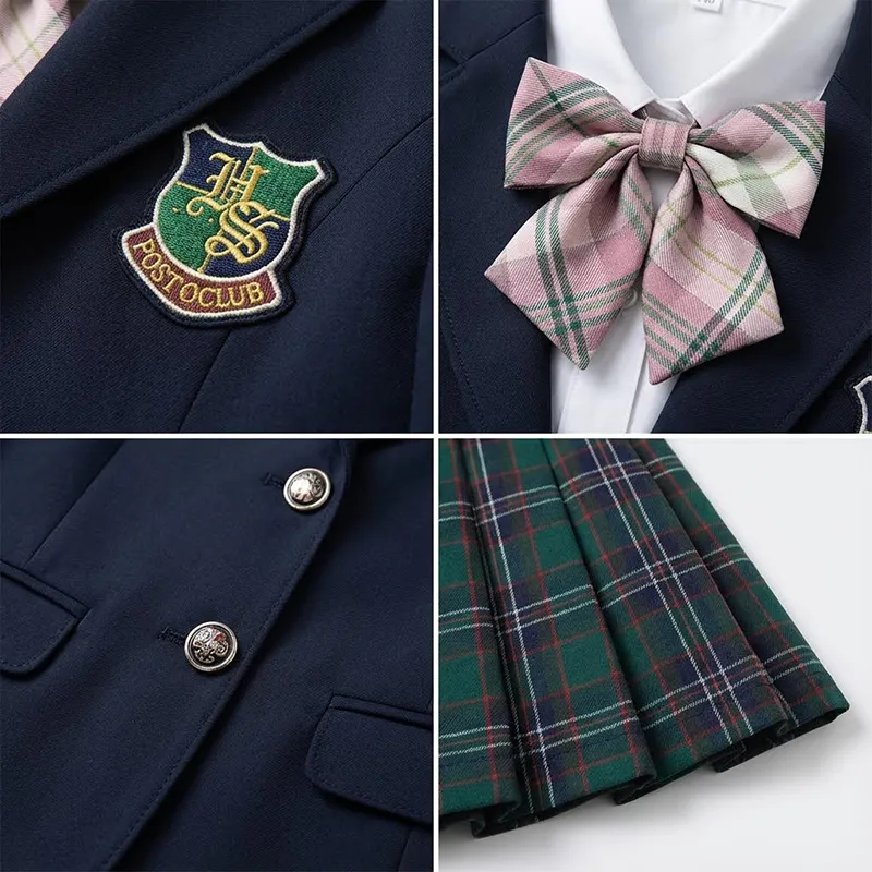 Uniforme escolar británico clásico para niñas, blazer azul marino de doble botonadura, falda plisada de cuadros verdes y corbata de lazo de cuadros rojos