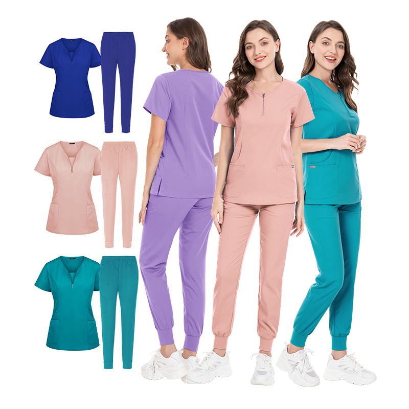 Diseño de collar con cremallera frontal Uniformes de hospital para mujeres Scrubs elásticos suaves cómodos de poliéster y spandex Conjuntos de uniformes para salón SPA