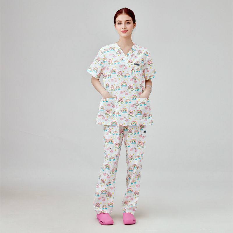 Identidad Corporativa Uniforme Completo Personalizado con Parte Superior Impresa y Pantalones de Color Sólido Uniforme Médico Uniforme Médico Impreso
