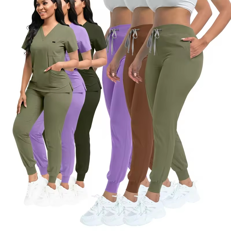 Conjunto de uniformes de scrubs elásticos con logo personalizado de fabricante, blusa de scrubs de gran tamaño para mujeres, pantalones de jogging, uniforme de trabajo médico y quirúrgico