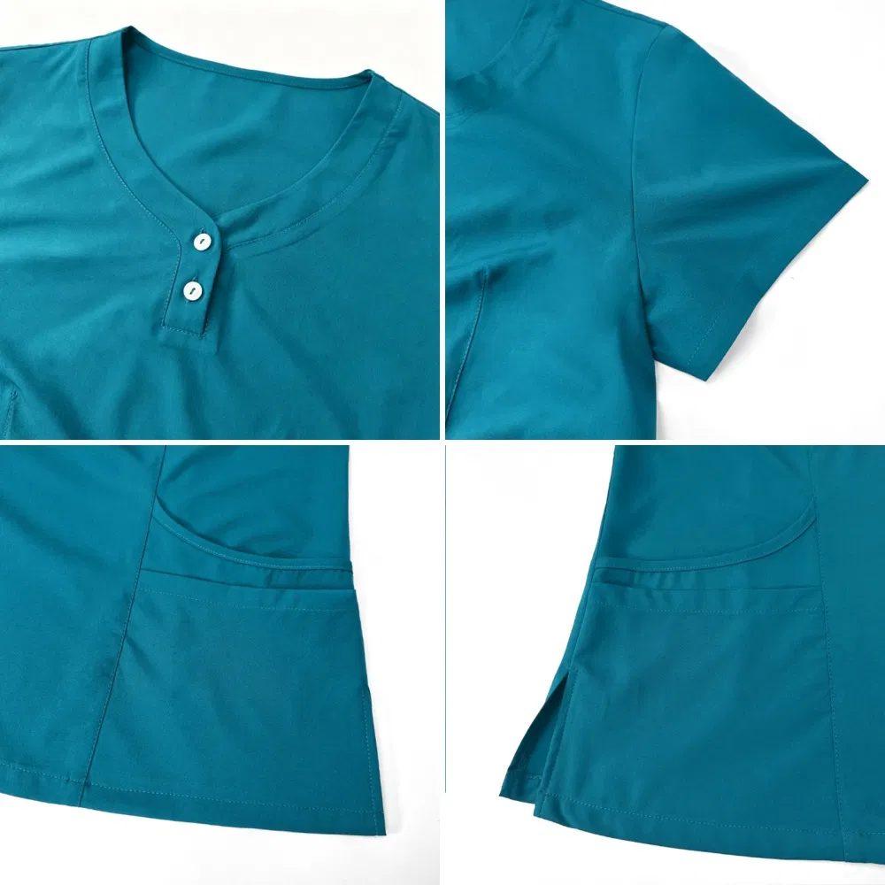 Uniformes de hospital de poliéster baratos con cuello en V y división, trajes de scrubs médicos, conjunto de uniforme de enfermera