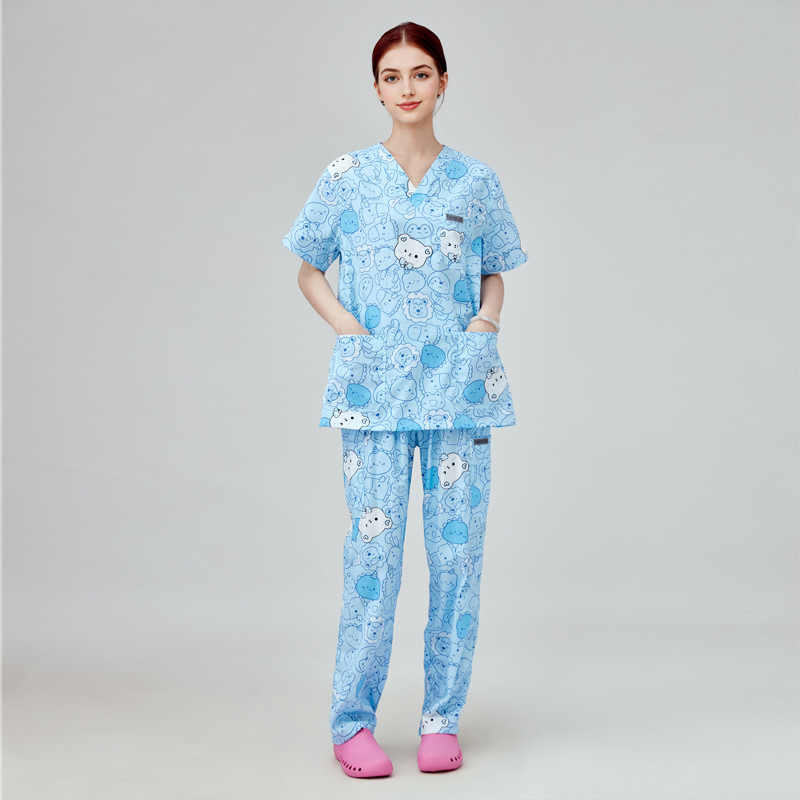 Identidad Corporativa Uniforme Completo Personalizado con Parte Superior Impresa y Pantalones de Color Sólido Uniforme Médico Uniforme Médico Impreso