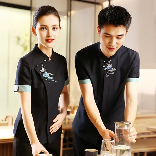 Uniforme corto de manga bordado y elegante para el personal de restaurante chino