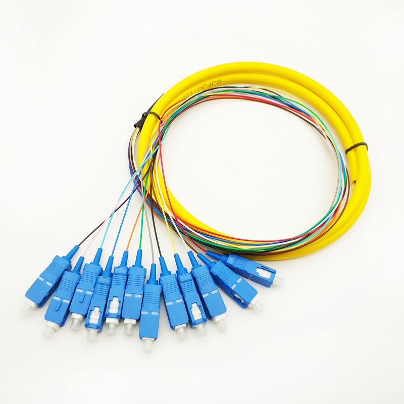 China 12 cores Single Mode G652D SC/UPC Fanout Optic Fiber Pigtail Manufacturers, Products