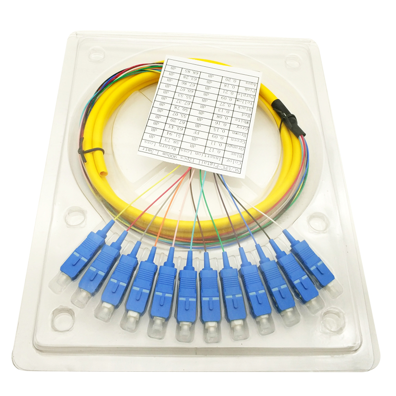 China 12 cores Single Mode G652D SC/UPC Fanout Optic Fiber Pigtail Manufacturers, Products