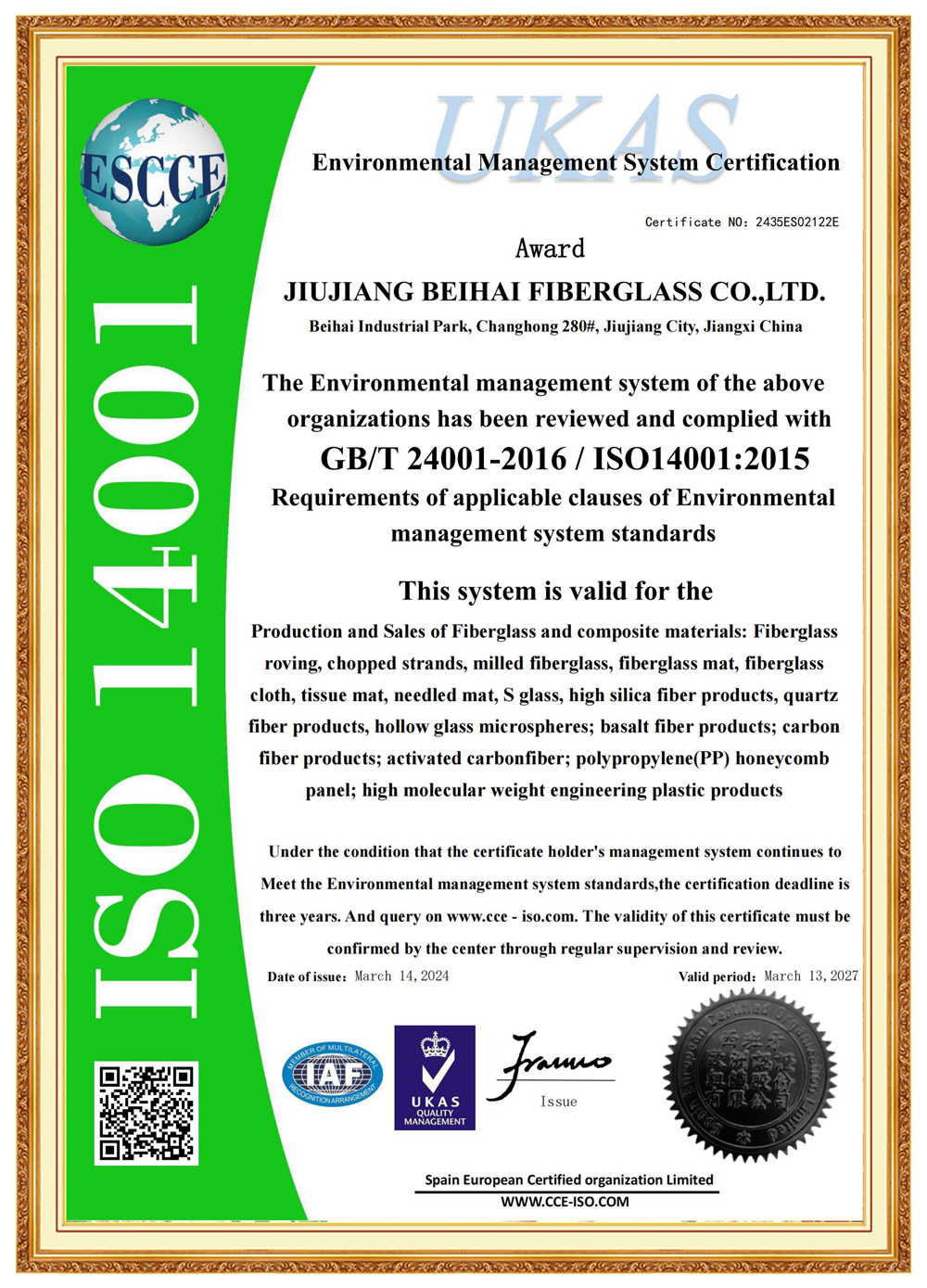 Basalt fiber environmental and sustainability certification
