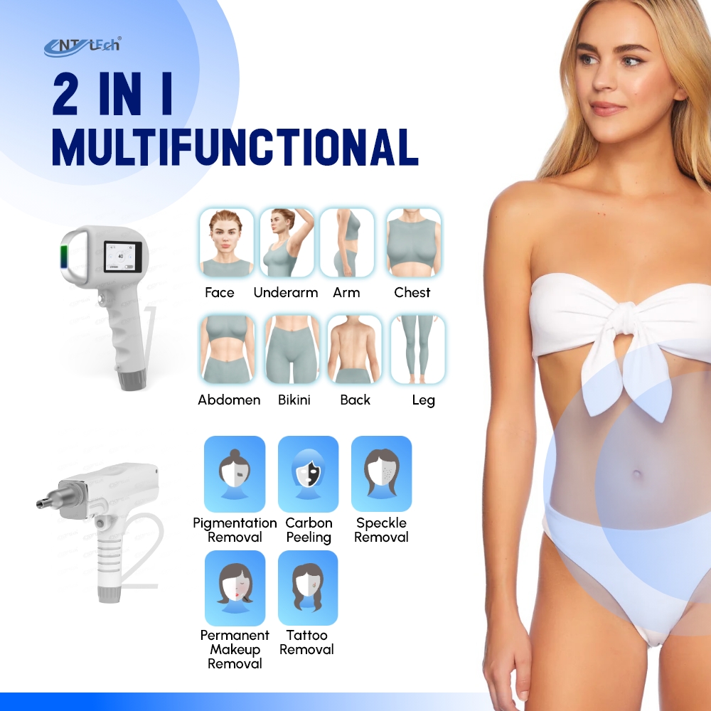 Vertical 2 Hanldles 2 in 1 755nm Picosecond Laser Tattoo Removal and 808 Diode Laser Nd Yag Hair Removal Machine