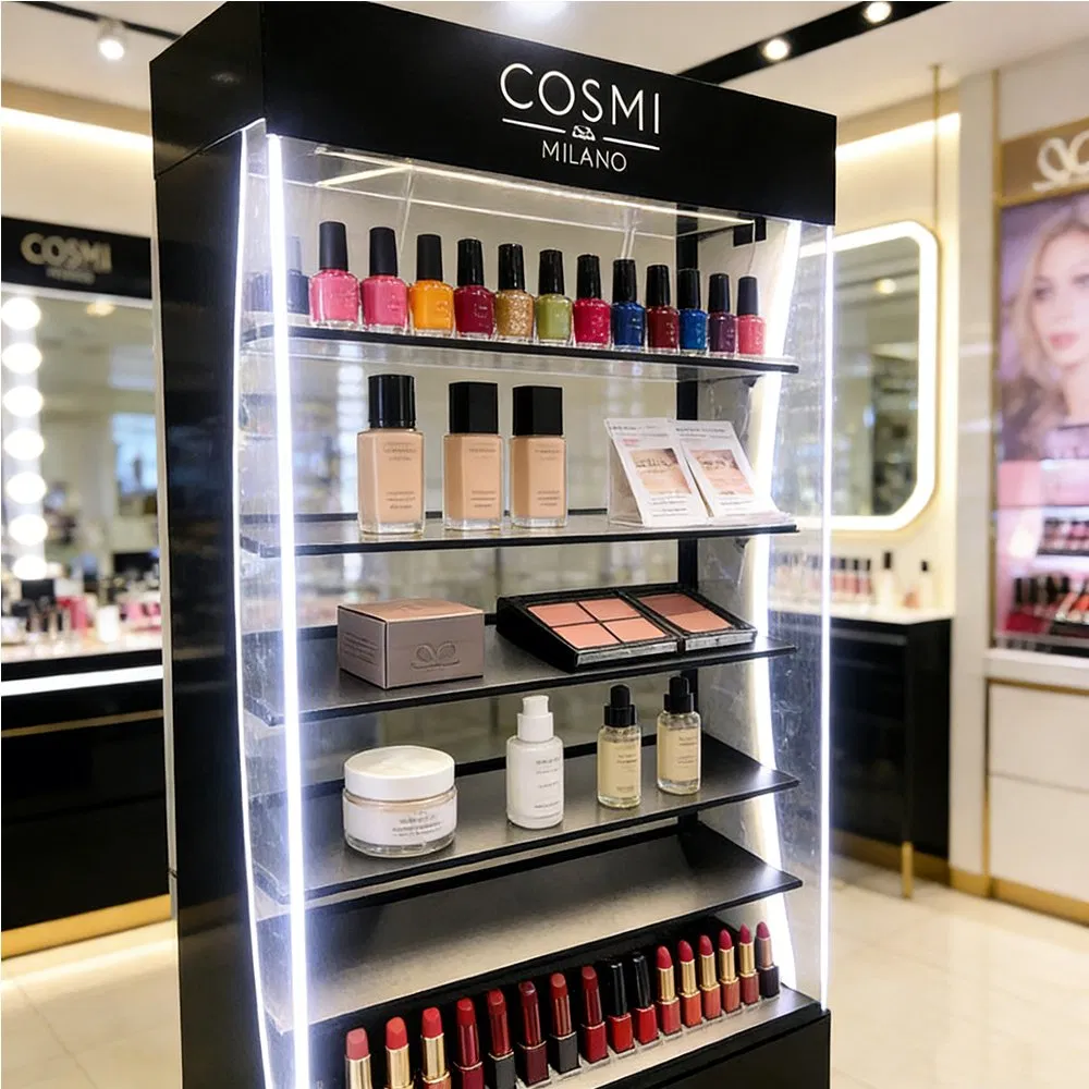 Floor Display with Light Customized Cosmetic Shelf Rack Acrylic Display Stand Cabinets Retail Display with LED PVC Pop Store Display