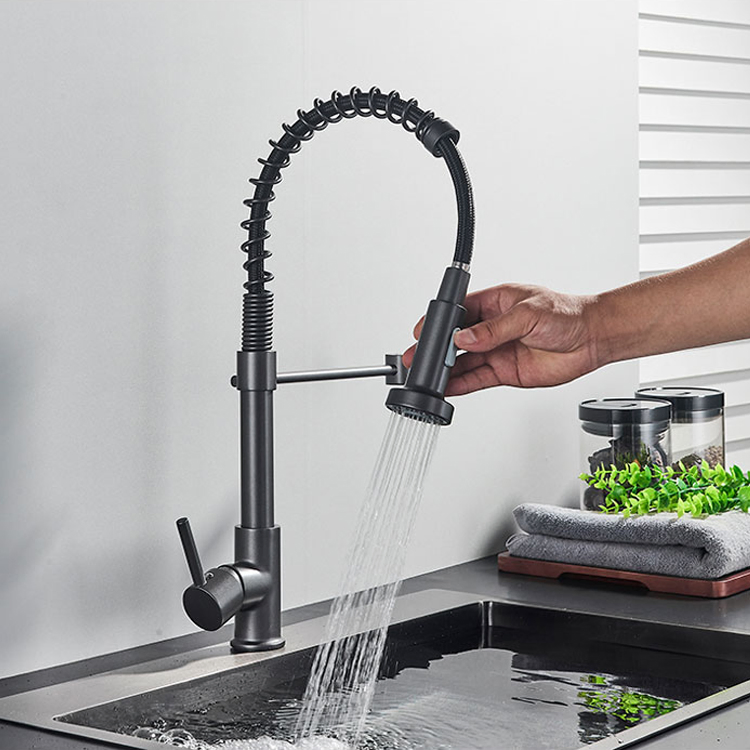 Sanipro Flexible Cold Hot Mixer Sink Tap SUS304 Stainless Steel Black 360 Rotation Spring Kitchen Faucet with Pull Down Sprayer