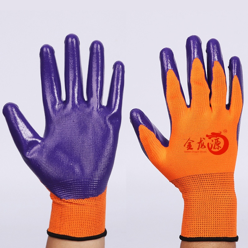 Purple and Orange Nylon Nitrile Textured Grip Working Gloves