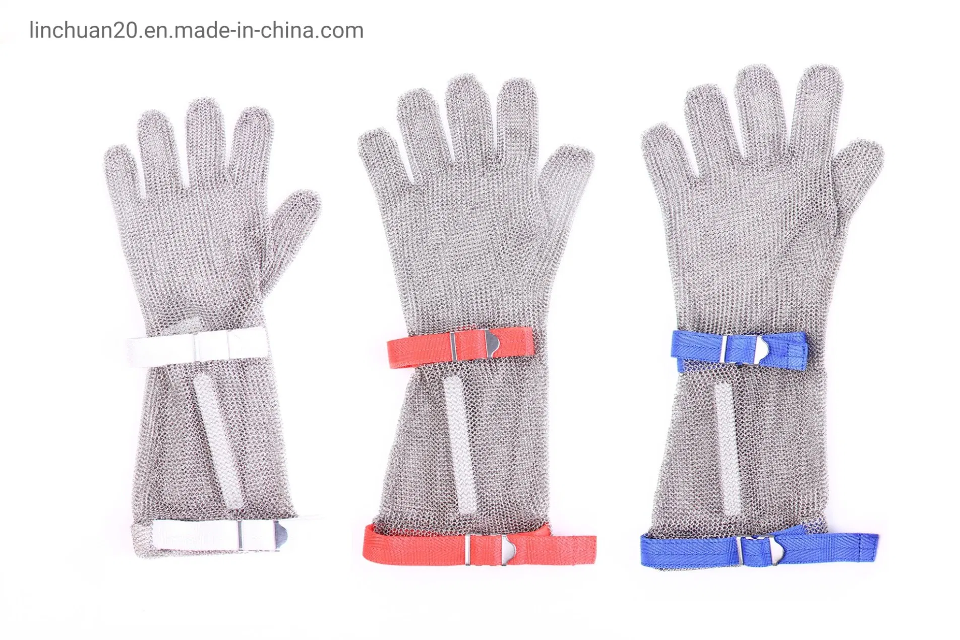 Protective Hand Chainmail Glove with Long Cuff 20cm/Cut Resistant 5 Level Plastic Strap Stainless Steel Gloves for Butcher/Chainmail Five Finger Stainless Steel