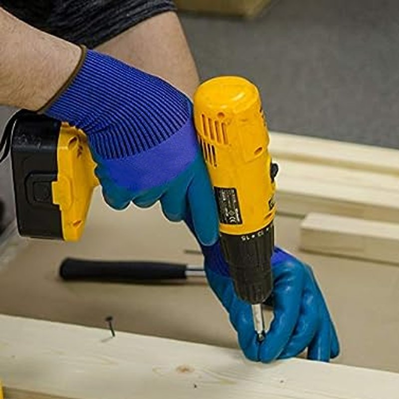 Heavy Duty Blue Nylon Safety Work Gloves, Best Grip Teal Textured Eco-Latex Nitrile Double Coating Gloves