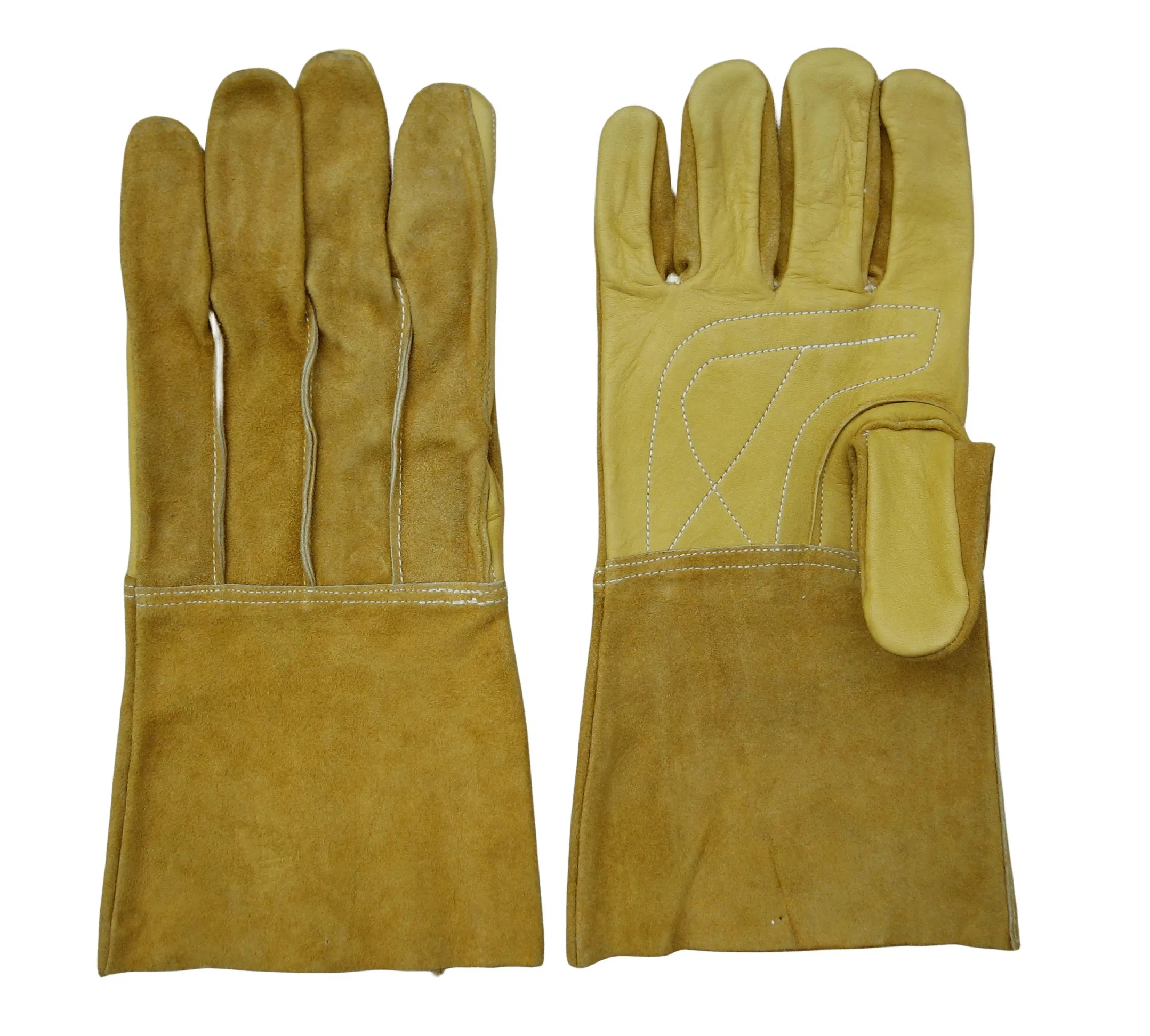 Cow Grain Double Palm Long Split Leather Cuff Protective Glove