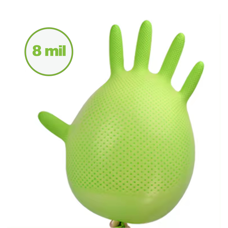 Heavy Duty Diamond Textured Green Powder-Free Disposable Nitrile Gloves