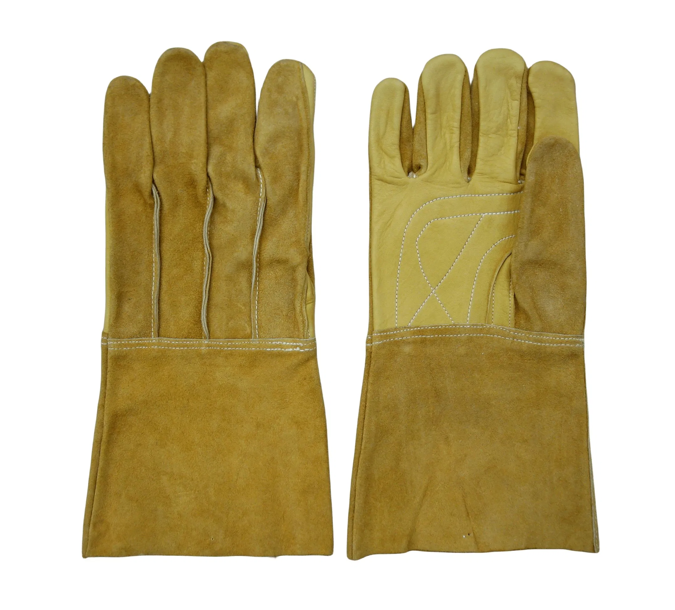 Cow Grain Double Palm Long Split Leather Cuff Protective Glove