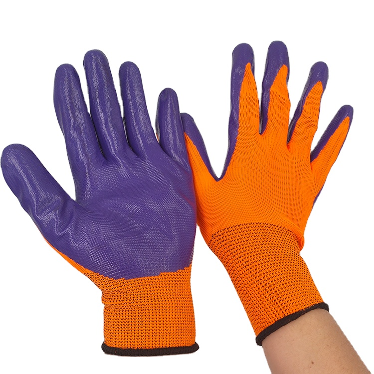 Purple and Orange Nylon Nitrile Textured Grip Working Gloves
