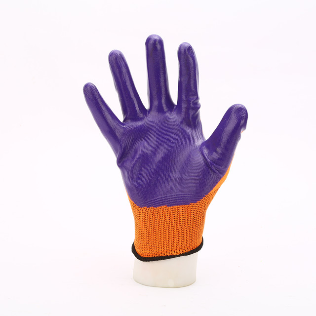Purple and Orange Nylon Nitrile Textured Grip Working Gloves