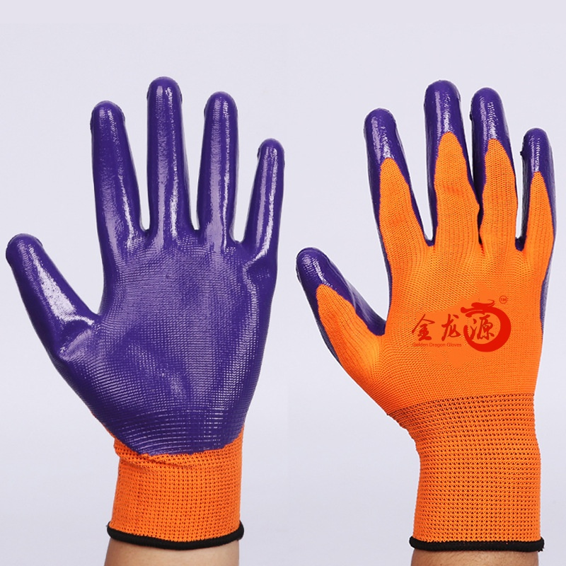 Purple and Orange Nylon Nitrile Textured Grip Working Gloves