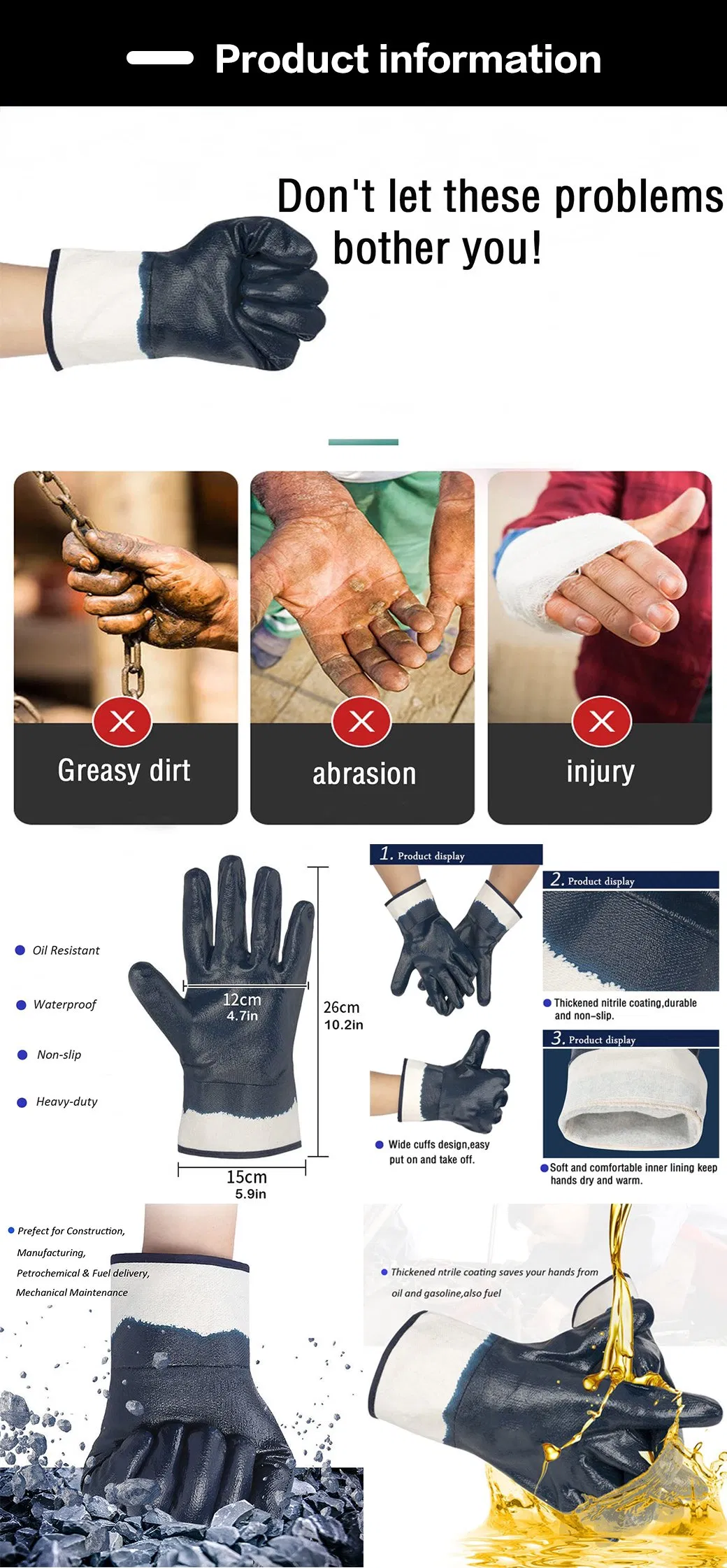 Heavy Duty Blue Nitrile Full Coated Safety Gloves