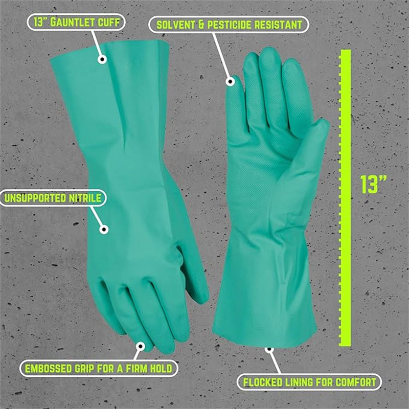 Long Sleeve Flock Lined Solvent Acid Resistant Green Nitrile Industrial Chemical Gloves