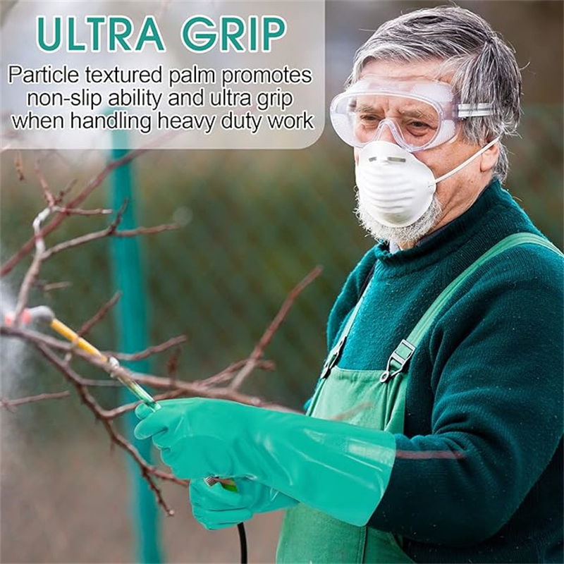 Long Sleeve Flock Lined Solvent Acid Resistant Green Nitrile Industrial Chemical Gloves