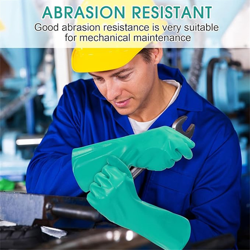 Long Sleeve Flock Lined Solvent Acid Resistant Green Nitrile Industrial Chemical Gloves