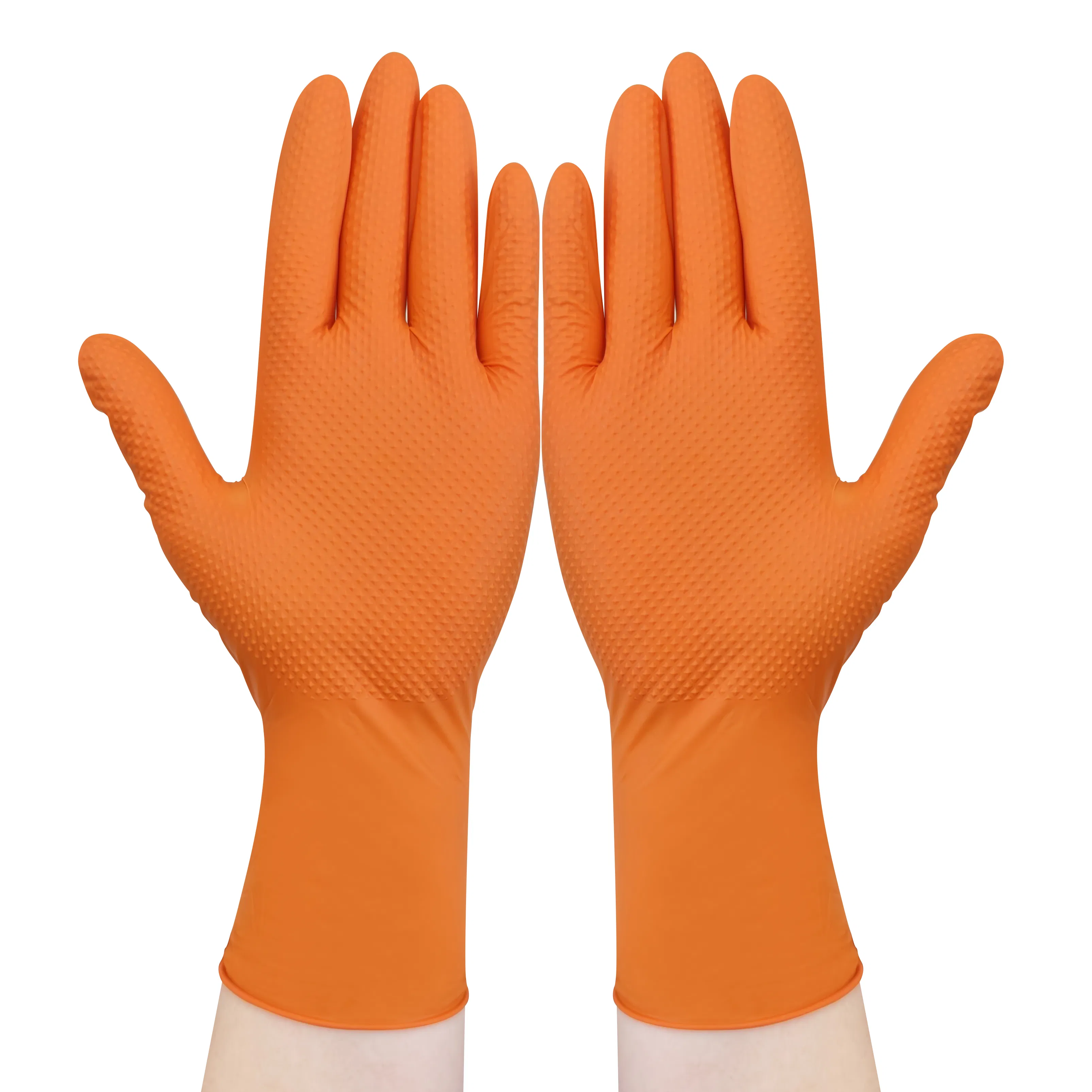 Diamond Grip Nitrile Gloves - Orange and Black, Finger Textured Surface