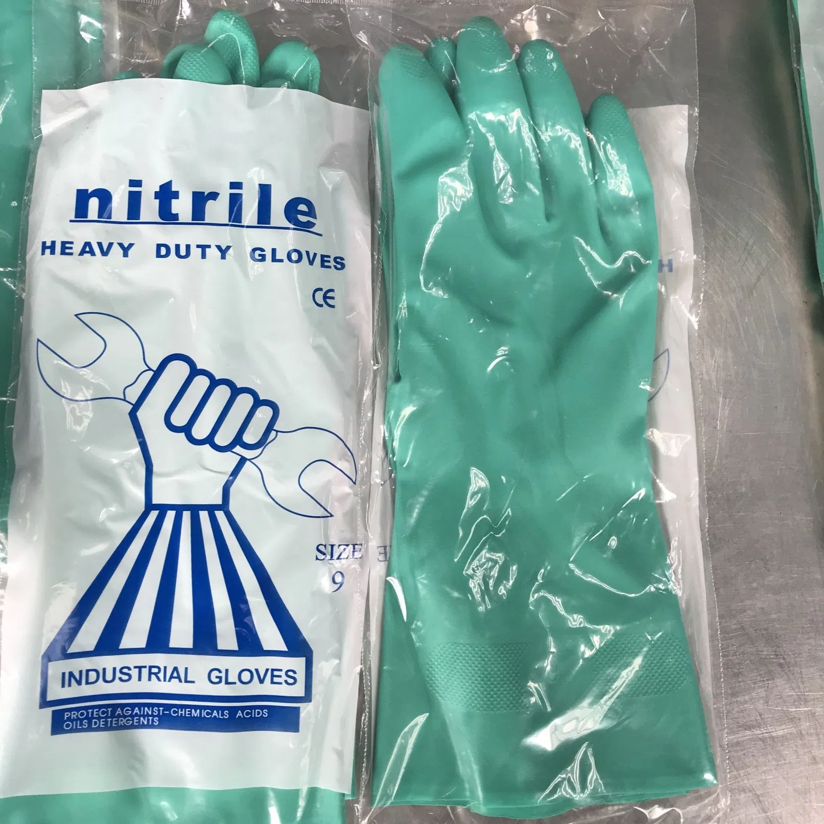 Hot Sello Green 15 Mil Nitrile Gloves 65g Flocklined Gloves Chemical Resistant Nitrile Gloves