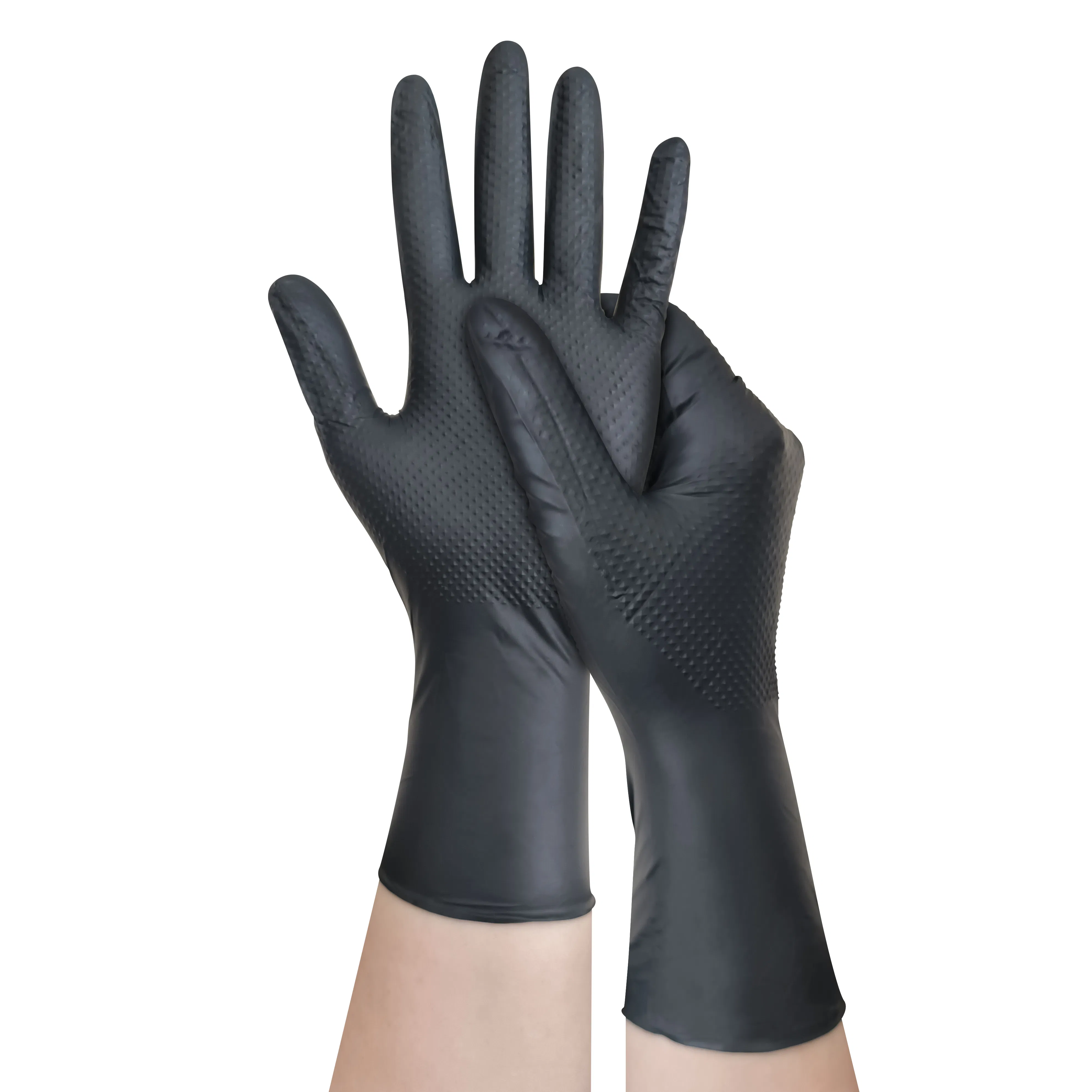Diamond Grip Nitrile Gloves - Orange and Black, Finger Textured Surface