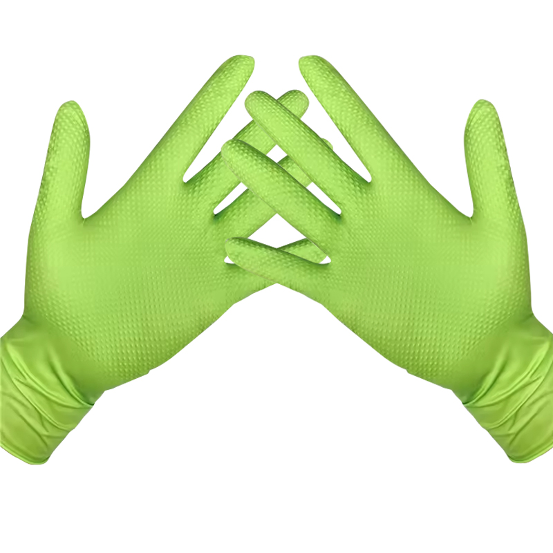 Heavy Duty Diamond Textured Green Powder-Free Disposable Nitrile Gloves