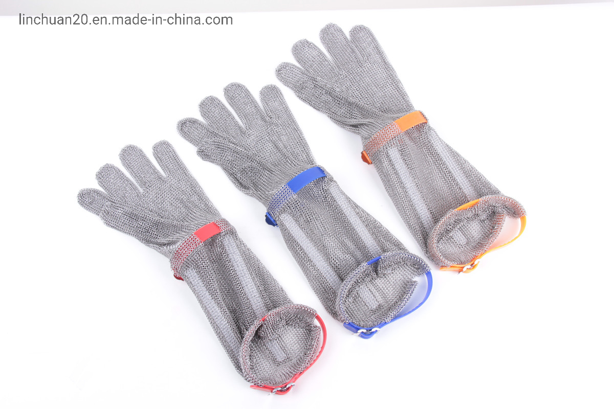 Protective Hand Chainmail Glove with Long Cuff 20cm/Cut Resistant 5 Level Plastic Strap Stainless Steel Gloves for Butcher/Chainmail Five Finger Stainless Steel