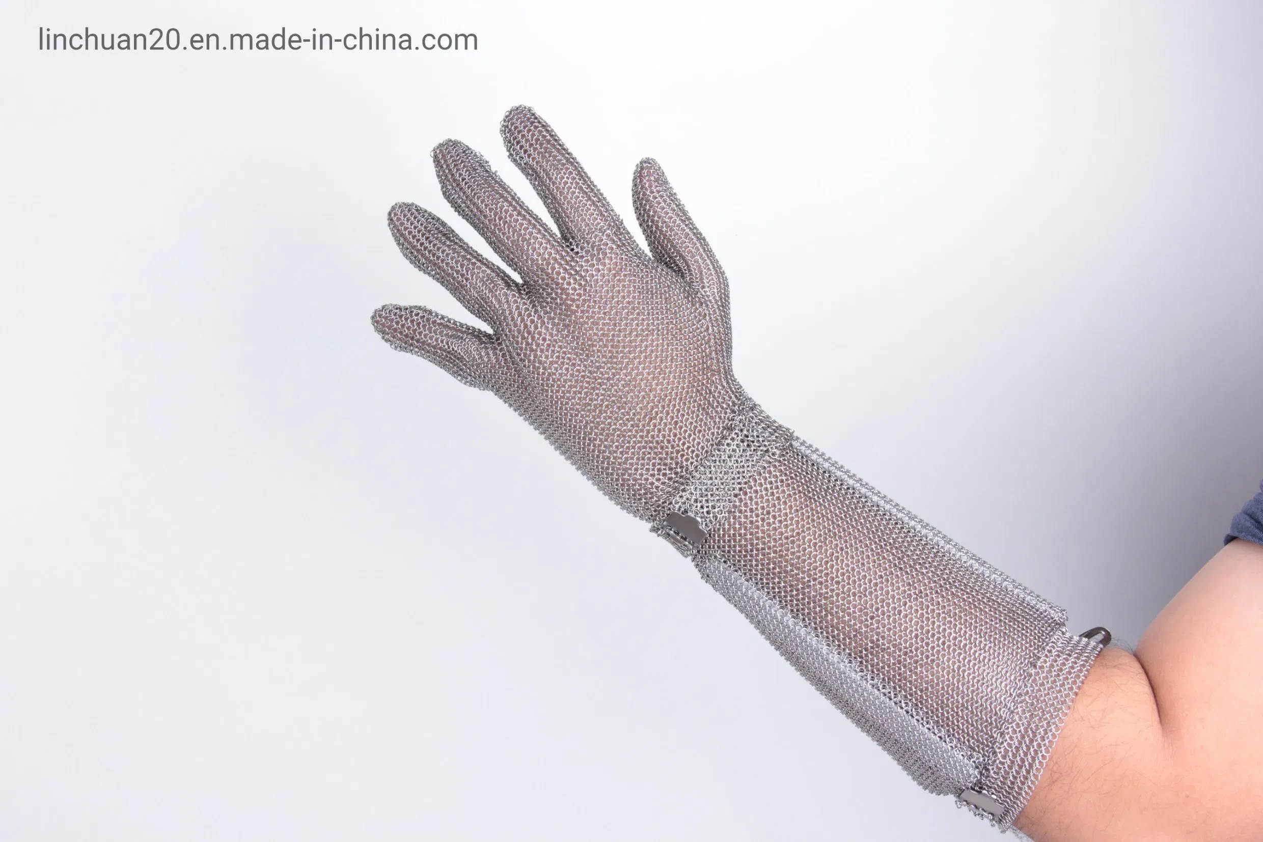 Protective Hand Chainmail Glove with Long Cuff 20cm/Cut Resistant 5 Level Plastic Strap Stainless Steel Gloves for Butcher/Chainmail Five Finger Stainless Steel