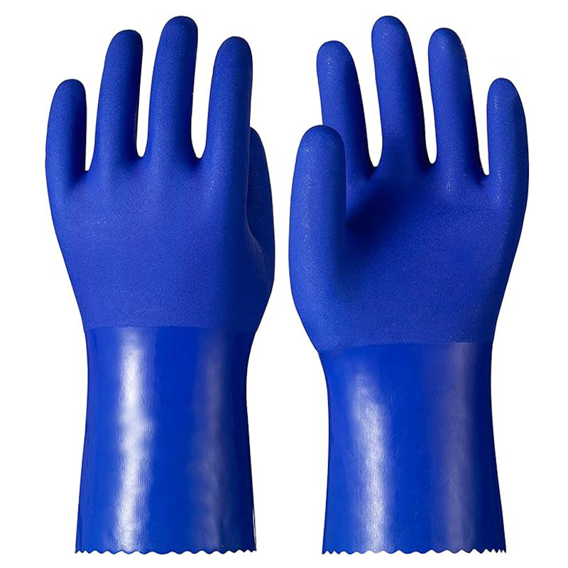 Long Sleeve Oil Chemical Resistant Cotton/Polyester Lined Double PVC Plastic Coated Gloves