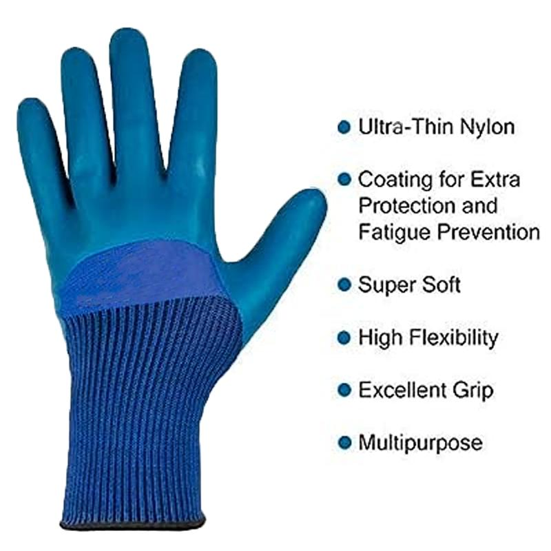 Heavy Duty Blue Nylon Safety Work Gloves, Best Grip Teal Textured Eco-Latex Nitrile Double Coating Gloves