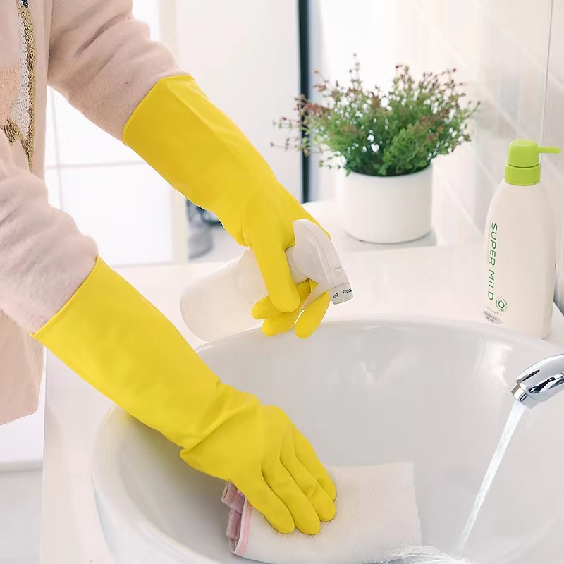 Women Anti Slip Reusable Kitchen Dish Washing Rubber Waterproof Luvas Guante CE 2121 for Household Cleaning, Gardening, Utility Latex Work Glove