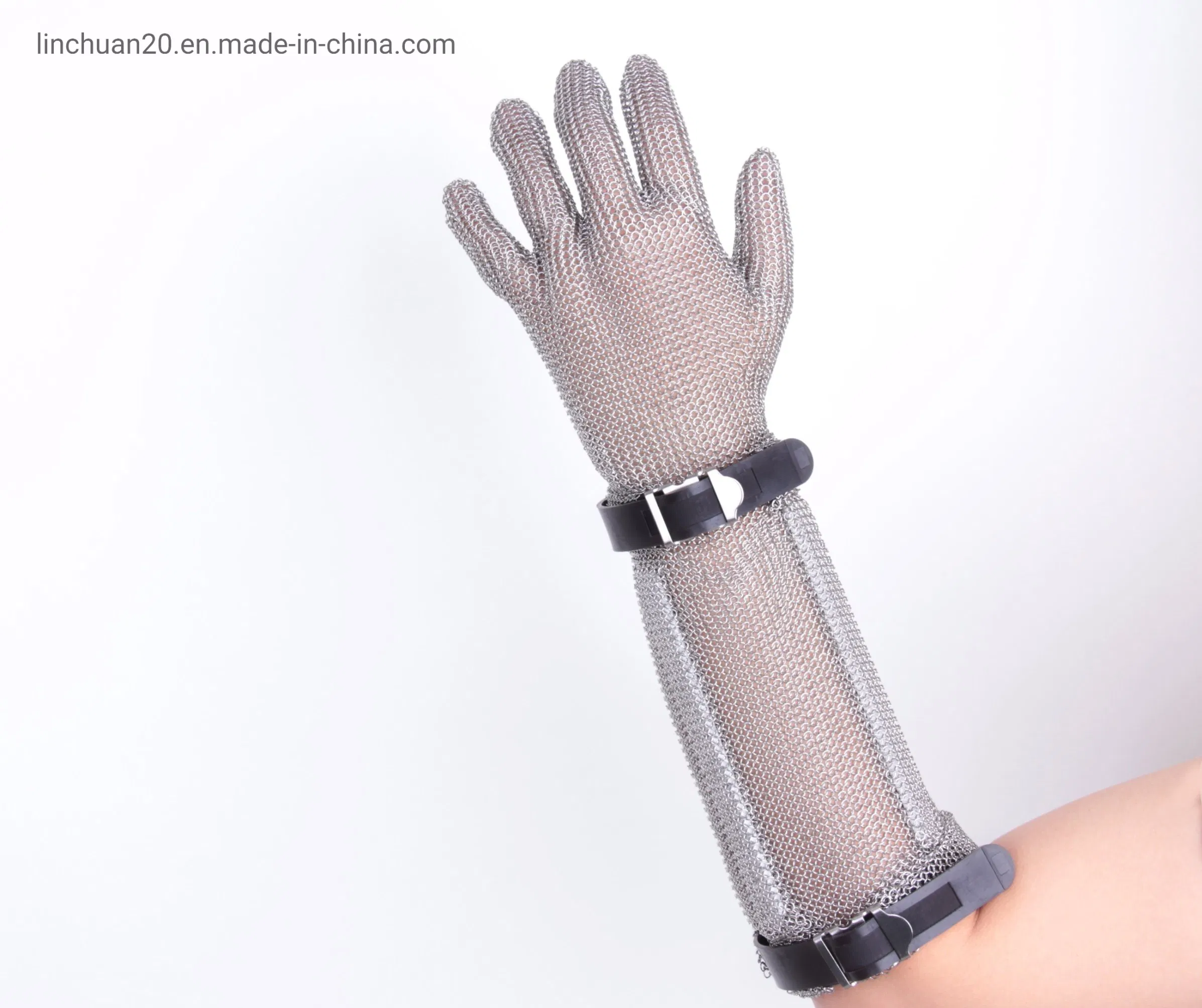 Protective Hand Chainmail Glove with Long Cuff 20cm/Cut Resistant 5 Level Plastic Strap Stainless Steel Gloves for Butcher/Chainmail Five Finger Stainless Steel