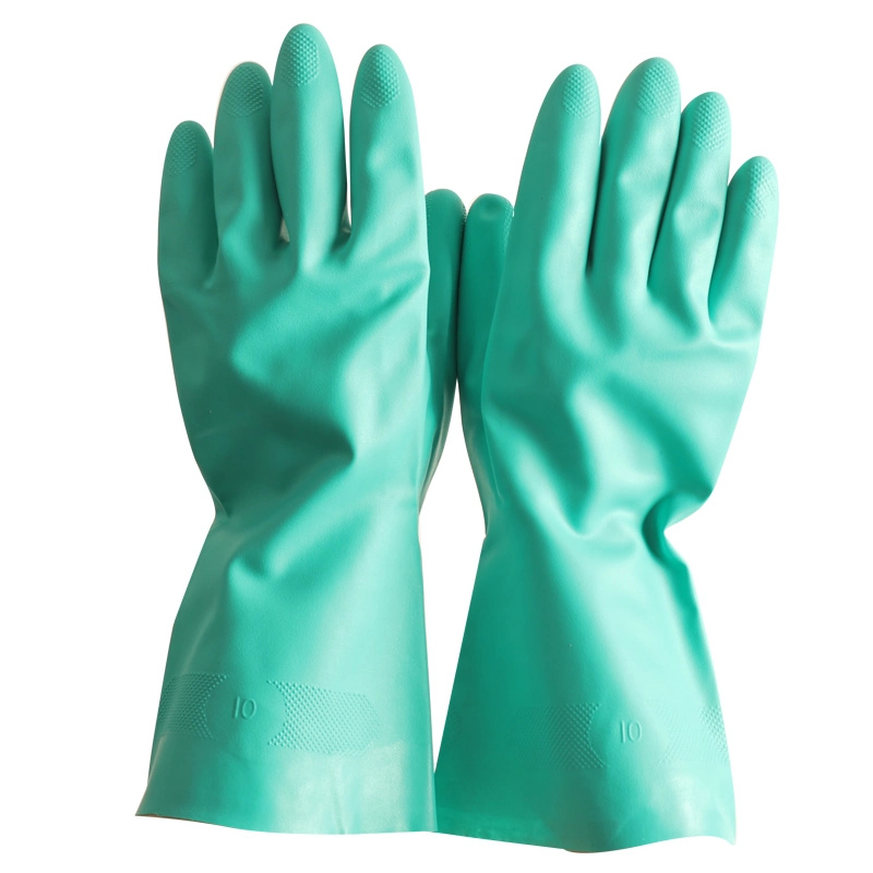 Long Sleeve Flock Lined Solvent Acid Resistant Green Nitrile Industrial Chemical Gloves